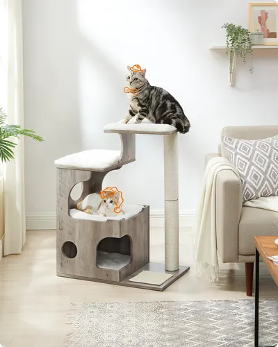 FEANDREA Kratzbaum 86cm - Waschbare Plüschauflagen - Kratzbäume für Katzen, 3 Ebenen und 2 Liegemulden, ideal für Spiel und Entspannung, mit pflegeleichten, waschbaren Plüschauflagen in stilvollem Greige.