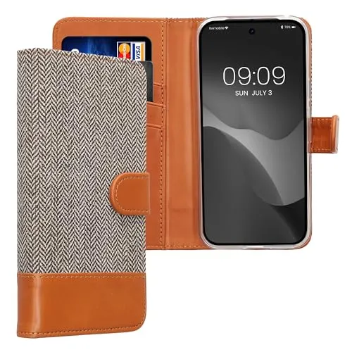 kwmobile Wallet Case kompatibel mit Google Pixel 9a - Hülle mit Ständer - Handyhülle Kartenfächer Hellgrau Braun