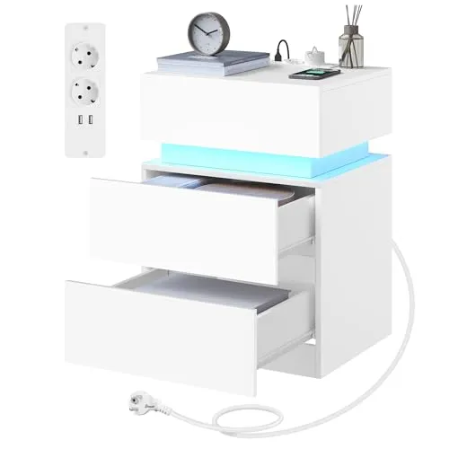 Woltu Nachttisch mit Steckdosenleiste und LED-Beleuchtung