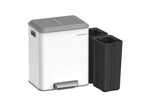 SONGMICS Mülleimer, 2 x 15 L Mülltrennsystem für Küche - Praktisches Mülltrennsystem mit 2 Fächern für Recycling und Restmüll, elegantes Design in Metallicsilber und einfache Handhabung durch Fußpedal.