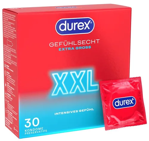 Durex Kondome Gefühlsecht XXL - Kondome mit 60 mm Breite für große Passform. Dünn für intensives Gefühl, befeuchtet mit Silikongleitgel und in neuer Verpackung – für komfortablen und angenehmen Sex.