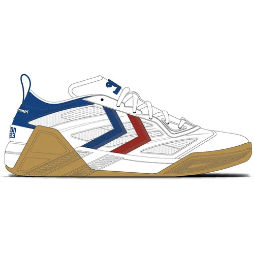 hummel Hallen-Indoorschuhe Algiz 2.0 Lite Icon - Herren Badmintonschuhe in Weiß/Blau, Größe 45 - Badmintonschuhe für Herren mit flexibler Neoprenzunge und recycelter Ortholite Innensohle für höchsten Komfort, ideal für optimale Energierückgabe und Stabilität.