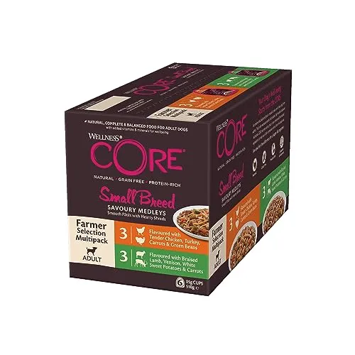 Wellness CORE Small Breed Savoury Medleys, Hundefutter nass für kleine Hunde, Farmer Selection Mix, 6 x 85 g, ohne Zuckerzusatz, getreidefrei, mit hohem Fleischanteil