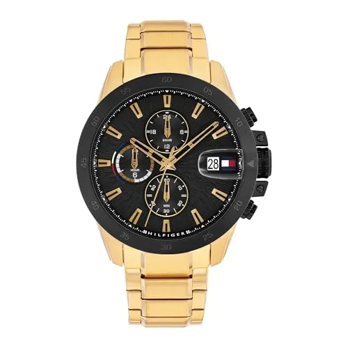 Tommy Hilfiger Herren Uhr 1792199 mit Dual-Time-Funktion - Armbanduhren für Herren mit goldfarbenem Edelstahlarmband, bietet eine praktische Dual-Time-Funktion und ist bis 5 ATM wasserfest für den aktiven Lebensstil.