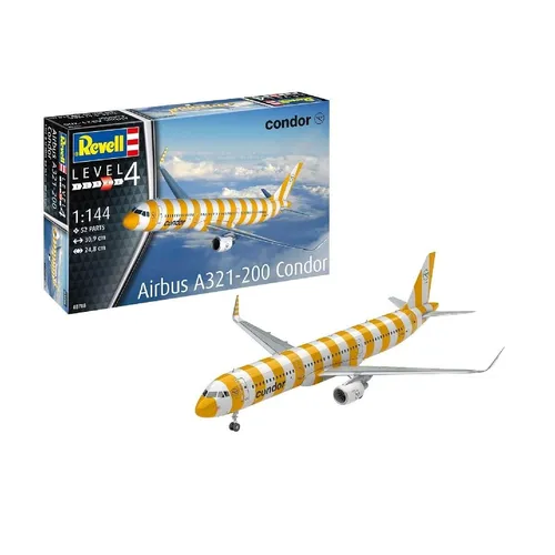 Revell Modellbausatz A321-200 Condor - Fahrzeug-Modellbausätze mit detailgetreuer Cockpitnachbildung und zwei Triebwerksoptionen für individuelle Gestaltung, ideal für Modellbau-Enthusiasten.