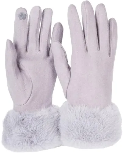 styleBREAKER Damen Unifarbene Touchscreen Stoff Handschuhe mit Kunstfell Besatz am Bund, warme Fingerhandschuhe Winter 09010028, Farbe:Grau