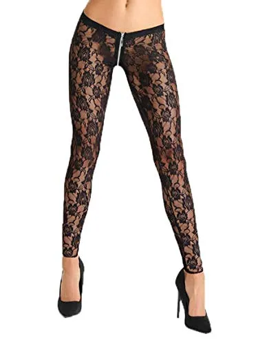 7Heaven Damen Leggings schwarz transparent aus Spitze dehnbar Frauen Pants mit Reißverschluss Blumenmuster erotisch L