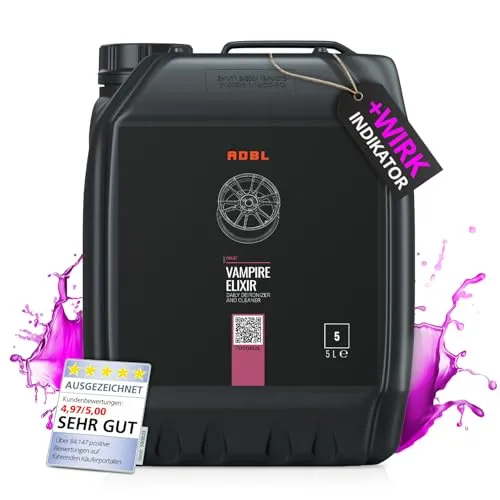 ADBL Vampire Elixir (5L) - Hochleistungs Felgenreiniger & Flugrostentferner - Autopflege & Motorradpflege: Säurefreier Reiniger mit Wirkindikator, ideal für Alufelgen, Stahlfelgen und Chromfelgen. Entfernt mühelos Bremsstaub und Schmutz, schonend zur Oberfläche.