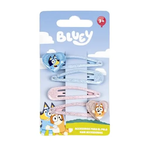 CERDÁ LIFE'S LITTLE MOMENTS Bluey & Bingo Set mit 4 Haarnadeln mit Glitzer – Metall-Haarspangen für Mädchen mit Glitzer in Rosa und Blau – offiziell lizenziertes Haar-Zubehör