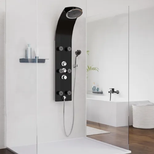 Duschpaneel Lanzarot Glas Schwarz - Duschpaneel aus edlem Glas für ein luxuriöses Duscherlebnis. Mit 6 Massagedüsen und großer Wellness-Kopfbrause verwandelt es Ihr Bad in eine Wellness-Oase.