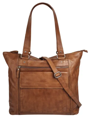 Spikes & Sparrow Shopper Damen 022195 cognac - Elegante Handtasche aus 100% Rindleder mit gepolstertem Notebookfach (bis 17 Zoll), Trolleyhalterung und verstellbarem Schultergurt – ideal für stilvolle Mobilität.