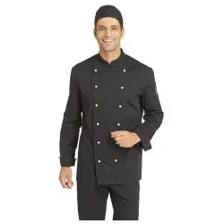 Leiber Kochjacke, langarm, unisex, schwarz - Größe 44 - Arbeits- & Schutzkleidung, hitzebeständig und atmungsaktiv, ideal für Köche, Bäcker und Konditoren mit praktischer 6-Loch-Knopfreihe.