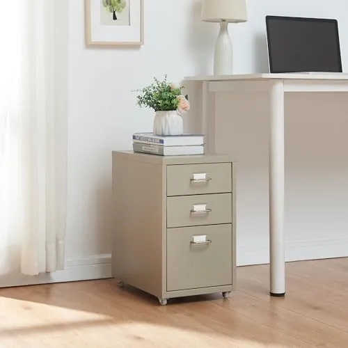[en.casa] Rollcontainer Kökar Schubladenschrank Metall Aktenschrank mit 3 Schubladen Bürowagen mit Rollen für Arbeitszimmer 48 x 28 x 41 cm Kamelfarben