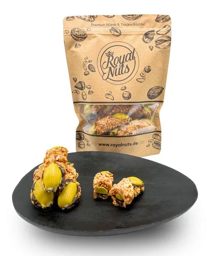 Royalnuts Cannoli mit Pistazie & Krokant, 12 Stück - Genießen Sie die handgemachten Cannoli aus Italien mit einer knusprigen Mandelkrokant-Hülle und einer cremigen Füllung aus 50 % Pistaziencreme. Perfekt als süßer Snack oder Dessert.