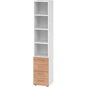 Hammerbacher-Regal 6OH mit 4 Schüben - Büroschrank in Weiß/Nussbaum, ideal für Ordnung im Büro mit 4 praktischen Schubkästen und höhenjustierbaren Sockelgleitern für optimale Anpassung.