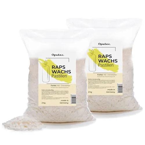 Oputec 4 KG Kerzenwachs Pastillen aus Raps - Nachhaltiges Kerzenwachs aus 100% Raps, ideal für das Gießen und Basteln eigener Kerzen. Hoher Schmelzpunkt von 62-65°C für einfache Verarbeitung. Made in Germany.