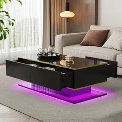 Couchtisch Aus Spanplatte In Schwarz-gold, 100 Cm, Mit Led Und 3 Schubladen