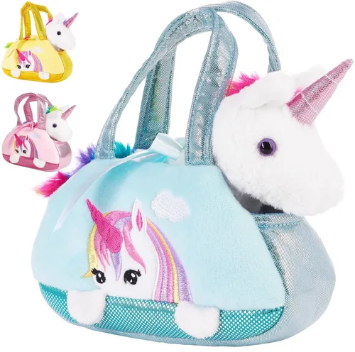 BRUBAKER Einhorn Tasche Regenbogen - 20 cm Plüschtier in Handtasche, farbenfrohes Kuscheltier und perfektes Geschenk für Kinder
