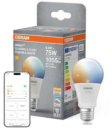 Osram SMART+ LED-Lampe A75 Kolbenform E27 Tunable White, dimmbar, steuerbar per App und Sprache, Matter-fähig, 9,5W, 2700-6500K, WiFi