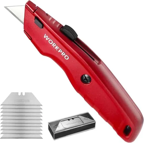 WORKPRO Premium Teppichmesser, Einziehbarer Universalmesser aus Vollmetall, Strapazierfähiger Cuttermesser mit Schnellwechselklinge, mit 10 zusätzlichen Klingen, Rot