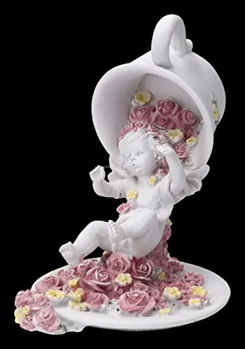Engel Figur - Putte Cherub fällt aus Tasse und Rosen - Handbemalte Resin Skulptur - 17 cm