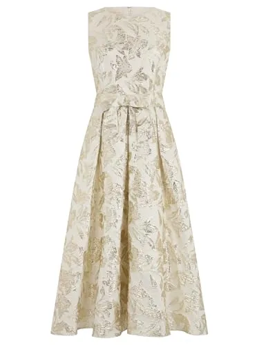 APART Ärmelloses Kleid mit schimmerndem Strukturmuster - Elegantes Jacquardkleid mit schimmerndem Blattmuster. Der femininer Rundhalsausschnitt und der Bindegürtel betonen die Taille, während der ausgestellte Rock für eine schöne Silhouette sorgt.