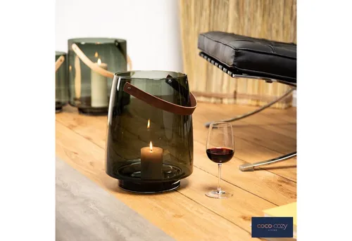 coco+cozy Bodenwindlicht Linnea, Glas (Rauchglas), mundgeblasen, Designobjekt, Henkel aus Leder