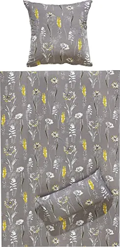 REDBEST Bettwäsche Single-Jersey grau-gelb-weiß 155x200 cm - Bettwäsche-Set mit Blumenmuster, bügelfrei und aus 100% Baumwolle für hohen Schlafkomfort, waschbar bis 60°C und trocknergeeignet.