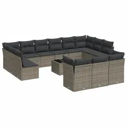 vidaXL 14-tlg. Garten-Sofagarnitur mit Kissen Grau Poly Rattan - Gartenmöbel, modulares Design mit Stauraum für Kissen und Spielzeug, langlebig und pflegeleicht dank robustem PE-Rattan, ideal für entspannte Stunden im Freien.