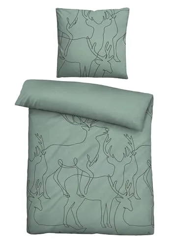 biberna Melange-Flanell Bettwäsche 0840517 Hirsch - Bettwäsche-Set aus 100% Baumwolle, 135x200 cm + 80x80 cm, weich und warm, ökologisch unbedenklich, Made in Germany, ideal für gemütliche Nächte.