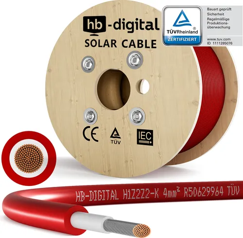 HB-DIGITAL Solarleitung H1Z2Z2-K 4mm² - TÜV Rheinland zertifiziertes Solarkabel für Photovoltaikanlagen, extrem temperaturbeständig von -40°C bis +90°C und UV-beständig, ideal für langlebige Solarinstallationen.