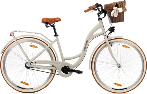 Goetze Style 28 Zoll City Bike, 18 Zoll Tiefeinsteigerrahmen, 3-Gang Shimano Nexus, V-Bremse, LED-Beleuchtung, Komfortsattel, Rattankorb