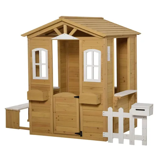 Kinderspielhaus aus Holz Spielhaus Outdoor mit Tür, Fenster und Pflanzkasten Briefkasten Bank für Kinder 3-6 Jahre