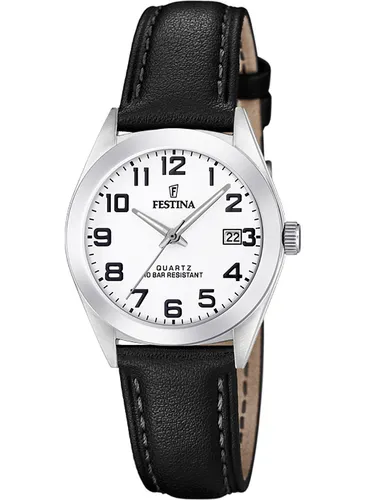 Festina F20447/1 Damenuhr mit Lederband - Elegante Damenarmbanduhr in Schwarz/Weiß - Damenuhr aus Edelstahl mit elegantem schwarzen Lederband, präzises Quarzwerk und Datumsanzeige, wasserdicht bis 10 bar.