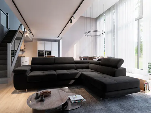 Masseno Ecksofa SELVA R-S mit Schlaffunktion - Ecksofa mit praktischen Stauraum und Schlaffunktion, ideal für ein stilvolles Wohnzimmer und unerwartete Gäste. Hochwertiger MONOLITH 95 Stoff bietet eleganten Look und Komfort.