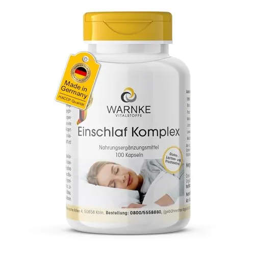 Einschlaf Komplex mit Melatonin, 100 Kapseln, Baldrian-, Passionsblumen-, Melissen-, Johanniskraut-, Lavendel-Extrakt, HOCHDOSIERT, Deutsche Apothekenqualität, vegan, Warnke Vitalstoffe