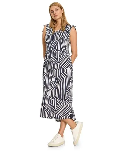 CECIL Damen B144123 Jersey Kleid mit Print, Universal Blue, S - Freizeitkleid für Damen, ärmellos mit V-Ausschnitt, leicht tailliert und ideal für warme Tage dank geraffter Schultern und seitlichen Schlitzen im Saum.