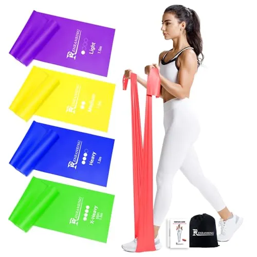 RENRANRING 4er Fitnessbänder, 1.5m Gymnastikband mit 4 Widerstandsstufen, Fitnessband mit Tragasche & Übungsanleitung,ideal für Yoga, Pilates Crossfit, Muskelaufbau