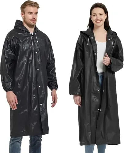 JITIFAZH Wasserdichter Regenponcho, 2 Stück,leichter, wiederverwendbarer Regenmantel mit Kapuze, tragbarer Notfall-Poncho für Erwachsene, Familie, Wandern, Radfahren, Camping(Schwarz+Schwarz)