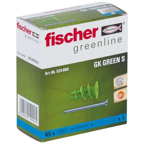 fischer Gipskartondübel GK Green mit Schrauben, starker Gipskarton-Dübel aus mind. 50 % nachwachsenden Rohstoffen, einfache Montage in Gipskarton, 45 Stück