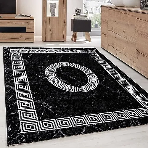Carpettex Wohnzimmer Teppich Kurzflor 80 x 150 cm - Läufer Flur Schwarz Modern Mäander-Design - Schlafzimmer Flauschig Weich Waschbar - Küche Esszimmer