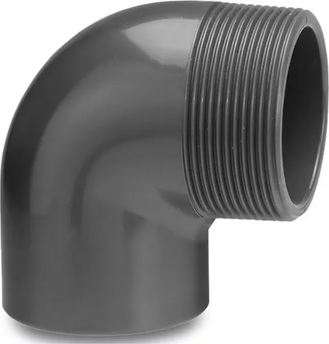 Mega Winkel 90° PVC-U 50 mm x 1 1/2 Zoll Klebemuffe x Außengewinde 10 bar, grau