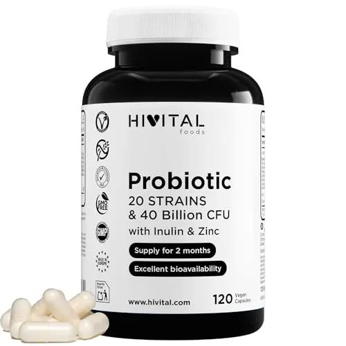 Probiotikum 20 Stämme, 40 Milliarden KBE mit Inulin und Zink. 120 magensaftresistente vegane Kapseln für eine 2-monatige Kur. Probiotika und Präbiotika. Hergestellt von HIVITAL
