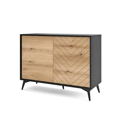 Selsey Boulia Sideboard - 2-türig, Schwarz mit Eiche Fischgrätfronten - Moderne Kommode mit einzigartiger Fischgrätfront, ideal für Wohnzimmer, Schlafzimmer oder Arbeitszimmer. Bietet großzügigen Stauraum und eine elegante Tischplatte für Dekoration.