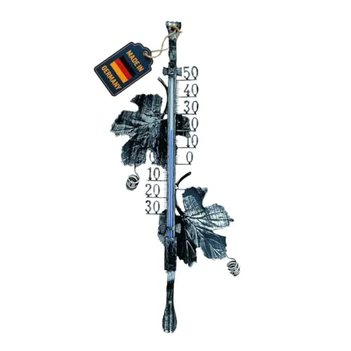 TFA Dostmann Analoges Außenthermometer, 12.5004, aus Schmiedeeisen, 38,5cm hoch, mit handgeschmiedeten Weinblätter, inkl Befestigungsmaterial, altzinn
