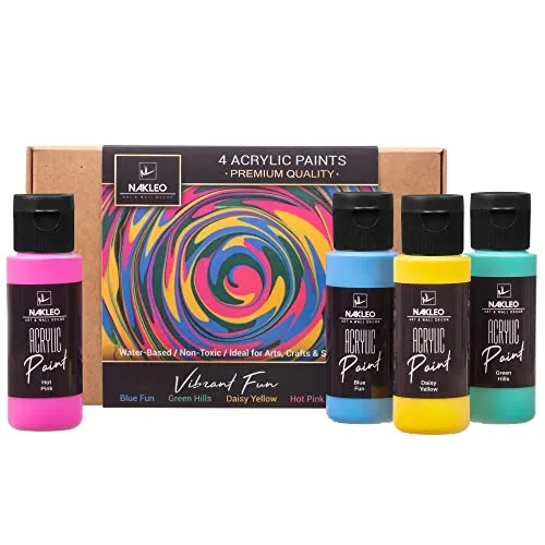 Nakleo Acrylfarben Set, 4 Farben (60 ml) Vibrant Fun Blau Grün Gelb Rosa, Ungiftig Wasserfest Matt, Künstlerbedarf für Kunst Handwerk DIY, Schablonen Wänd Glas Holz Keramik Stoffe Leder Papier
