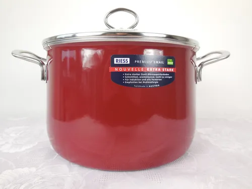 RIESS Emaille Kochtopf 24 cm mit Glasdeckel - Kochtopf aus Emaille mit 6,5 l Kapazität, induktionsfähig und pflegeleicht. Ideal für alle Herdarten, inklusive Induktion. Perfekt für gesundes Kochen!