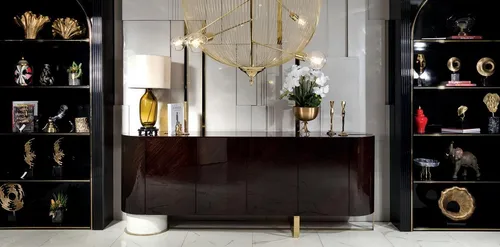 Modernes TV Lowboard aus Holz für das Wohnzimmer - Elegantes Wohnzimmerschrank mit 4 Flügeltüren und Regalen, ideal für stilvolle Aufbewahrung. Maße: 238 x 50 x 56.6 cm, gefertigt aus hochwertigem Rotholz. Perfekt für moderne Wohnräume.