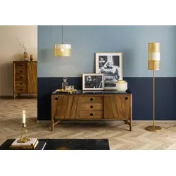 Massivmoebel24 Sideboard LOS ANGELES #108 - Luxuriöses Sideboard aus massivem Mangoholz mit eleganter schwarzer Granitplatte, ideal für stilvolle Wohnräume. Praktische Stauraumaufteilung mit vier Ablagen und drei Schubladen.