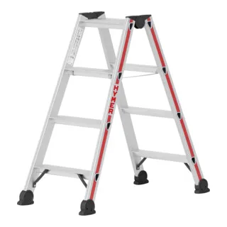 Hymer Stufenstehleiter 2x4 Stufen - Beidseitig begehbar - Leiter für sicheres Arbeiten mit einer Höhe von 1,92 m, eloxierte Holme und stabile Stahl-Scharniere für hohe Stabilität. Ideal für vielseitigen Einsatz in Haushalt und Gewerbe.